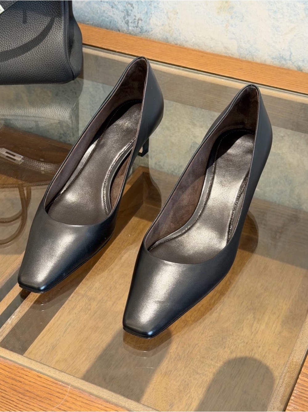 New Women's Black Top Grain Leather Pointed Toe Slip-On Pump Kitten Heel 36.5